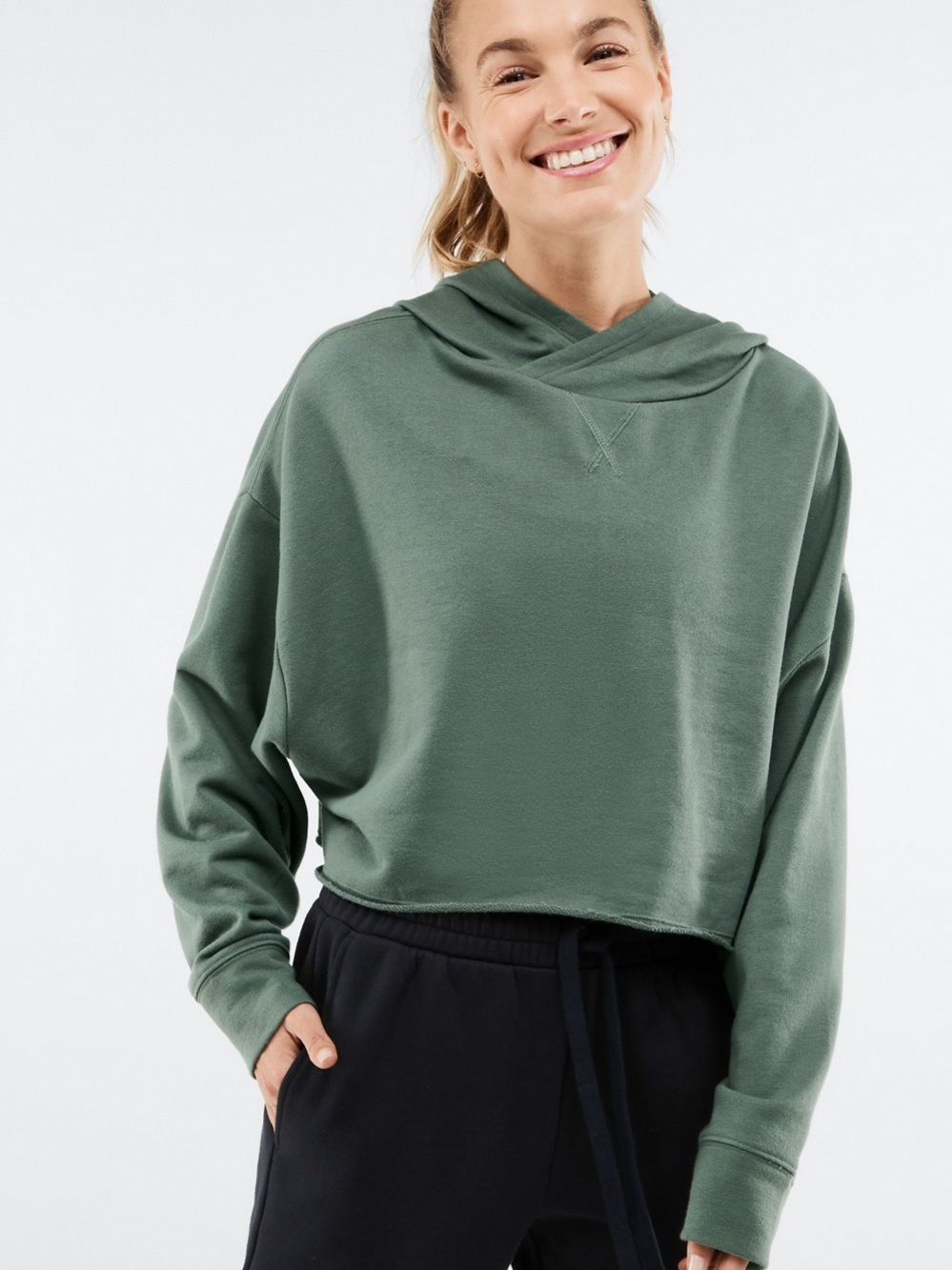 Fabletics Brisa Cropped Raw Edge Hoodie - Safari